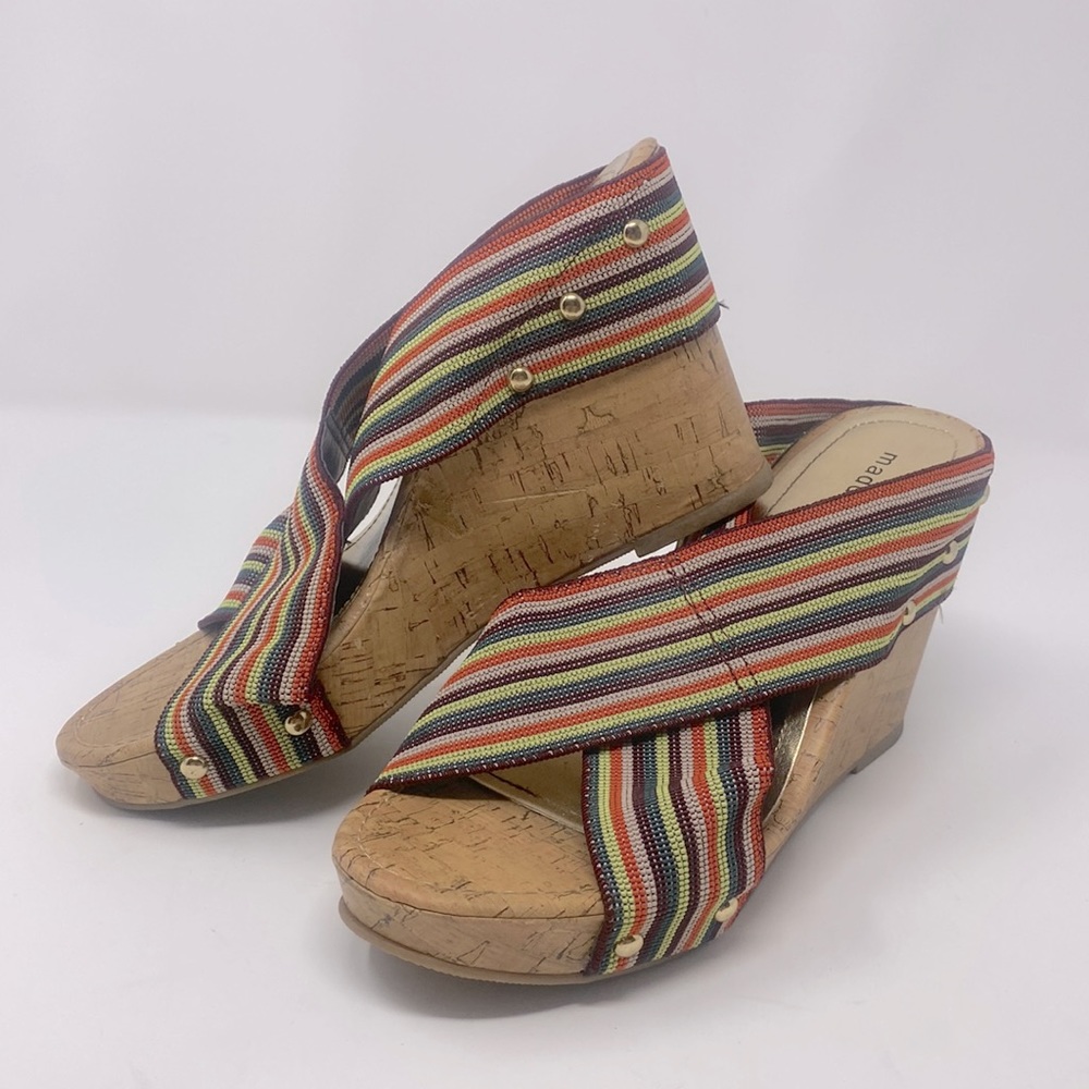 Madden Girl Tan Green Purple Stripe Criss Cross Cork Wedge Sandals Size 8.5